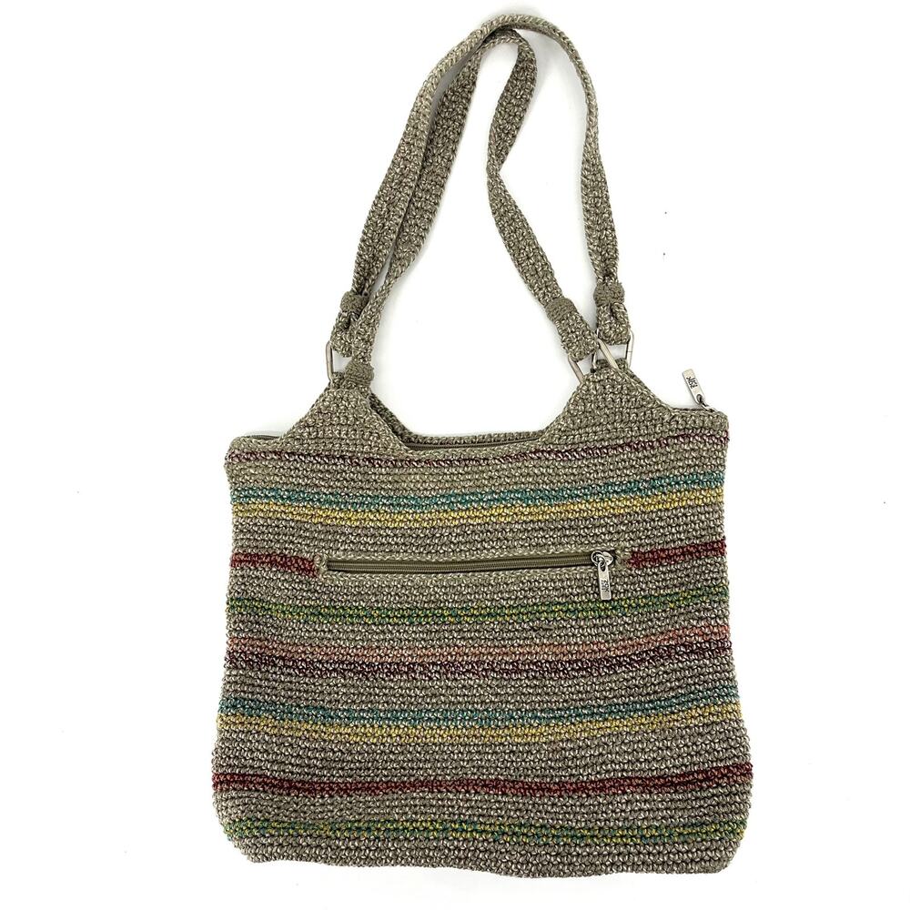 The Sak‎ Woven Crochet Knit Fabric Striped Tote Purse Beige Earth Tones